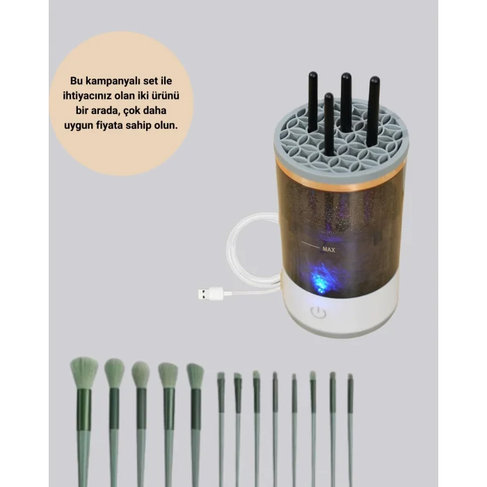 BUĞZ Profesyonel 13’lü Makyaj Fırçası + USB Fırça Temizleyici İkili Set