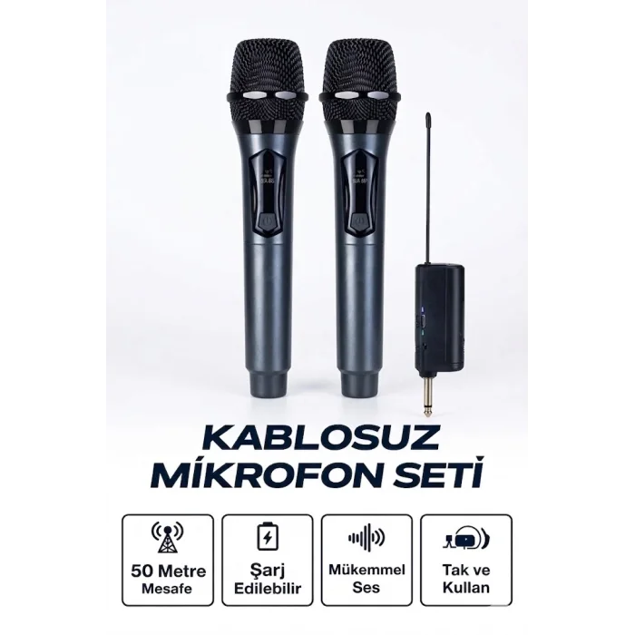 BUĞZ Profesyonel Çiftli Kablosuz Mikrofon Seti Karaoke Şarj Edilebilir 50 Metre