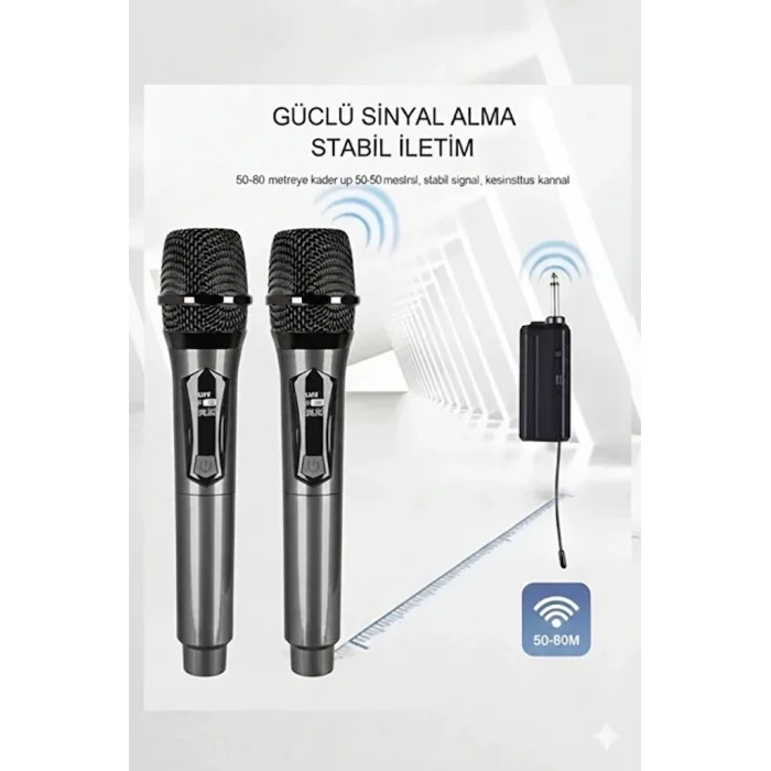 BUĞZ Profesyonel Çiftli Kablosuz Mikrofon Seti Karaoke Şarj Edilebilir 50 Metre