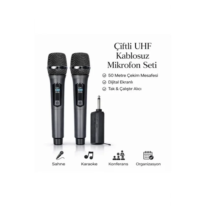 BUĞZ Profesyonel Çiftli Kablosuz Mikrofon Seti Karaoke Şarj Edilebilir 50 Metre