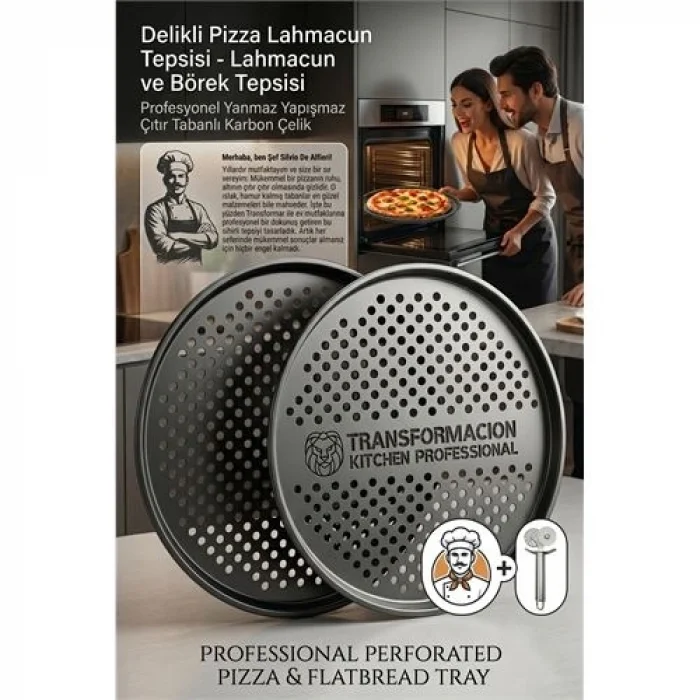 BUĞZ Profesyonel Delikli Pizza Tepsisi 32 cm - Yanmaz Yapışmaz Çıtır Tabanlı Karbon Çelik Lahmacun ve Börek Tepsisi 723292