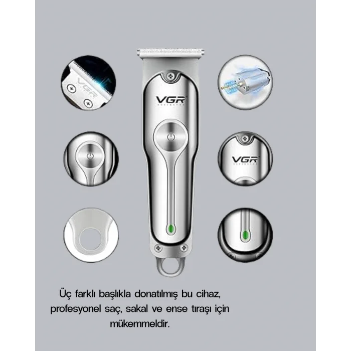 BUĞZ Profesyonel Gümüş Şarjlı Tıraş Makinesi – 3 Başlık, 120 Dakika Kullanım Süresi, Kompakt ve Hafif Tasarım