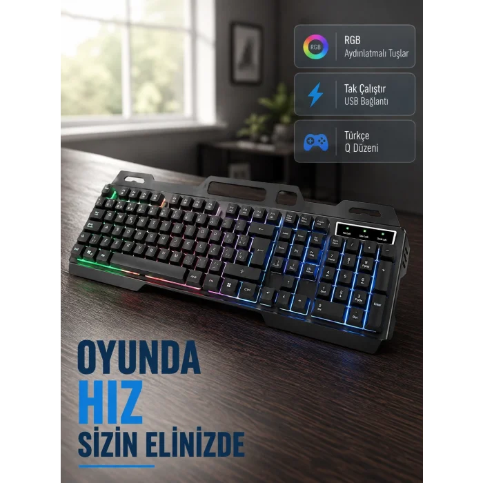 BUĞZ Profesyonel Oyuncu Klavye Mouse Seti – RGB Işıklı, Türkçe Q, DPI Ayarlı, Dayanıklı Gövde