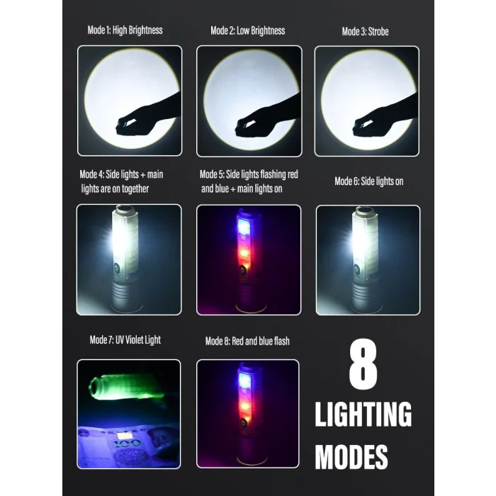 BUĞZ Profesyonel TG LED Güçlü 8 Modlu Type-C 1000 Lümen Polis Çakarlı Şarjlı El Feneri