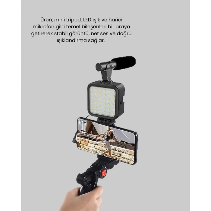 BUĞZ Profesyonel Vlog Çekim Kiti LED Işıklı Tripod Mikrofonlu Telefon Seti