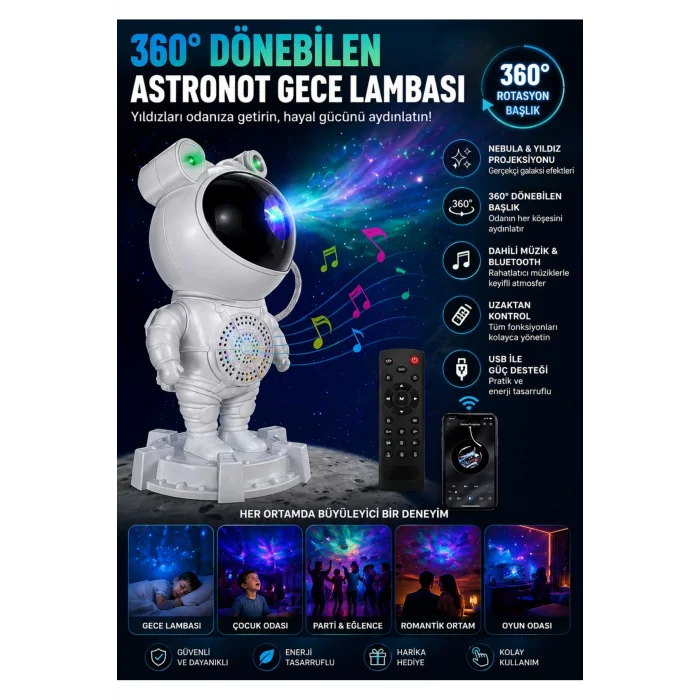 BUĞZ Projektör Gece Lambası ile Yıldız ve Galaksi Efekti Oluşturan Beyaz Işıklı Dekoratif Aydınlatma