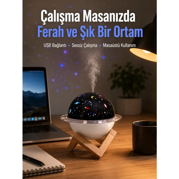 BUĞZ Projektör ışıklı ve aromaterapi destekli taşınabilir nemlendirici cihaz USB bağlantılı