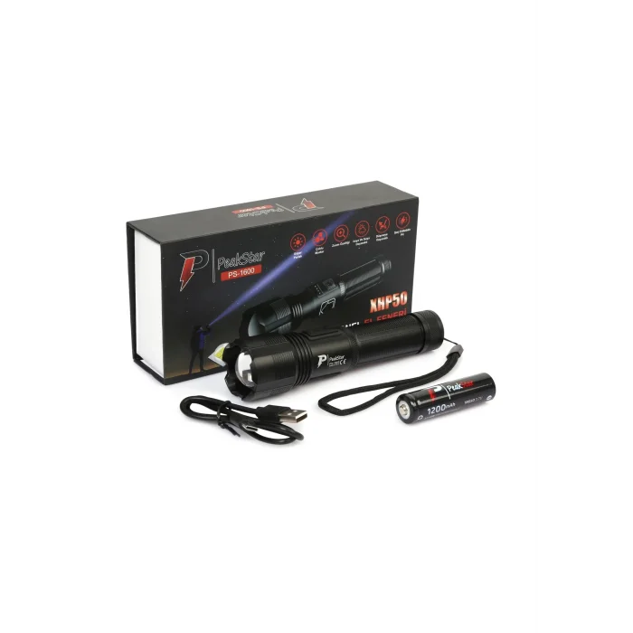 BUĞZ Ps-1600 Süper Parlak Led Zoomlu 5 Mod Su Geçirmez Profesyonel Kamp Bekçi Avcı Feneri