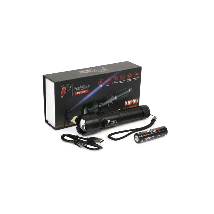 BUĞZ Ps-1600 Süper Parlak Led Zoomlu 5 Mod Su Geçirmez Profesyonel Kamp Bekçi Avcı Feneri