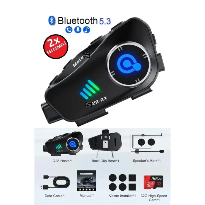 BUĞZ Q28 2x 2 Eşleşmeli Motosiklet Kask Bluetooth Kulaklık 1080p Kamera Su Geçirmez Intercom