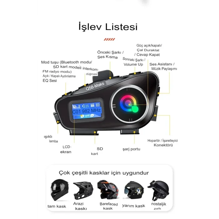 BUĞZ Q58-max Radyolu 2 Kişi Bağlantılı Bluetooth Kask Kulaklık Ekranlı Fenerli Müzik Ve Telsiz Intercom