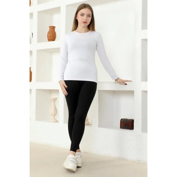 BUĞZ Rahat Ve Şık Uzun Kollu Bisiklet Yaka Likralı Viskon Penye Body Beyaz ( BUĞZ )