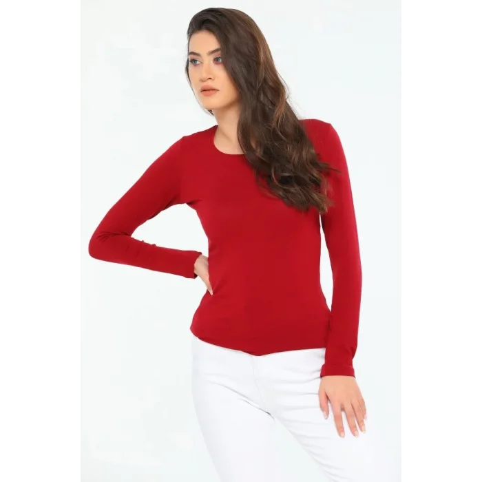 BUĞZ Rahat Ve Şık Uzun Kollu Bisiklet Yaka Likralı Viskon Penye Body Bordo ( BUĞZ )