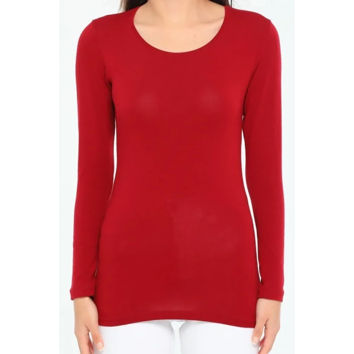 BUĞZ Rahat Ve Şık Uzun Kollu Bisiklet Yaka Likralı Viskon Penye Body Bordo ( BUĞZ )