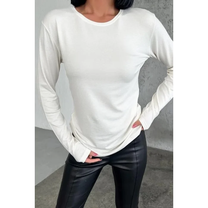 BUĞZ Rahat Ve Şık Uzun Kollu Bisiklet Yaka Likralı Viskon Penye Body Ekru ( BUĞZ )