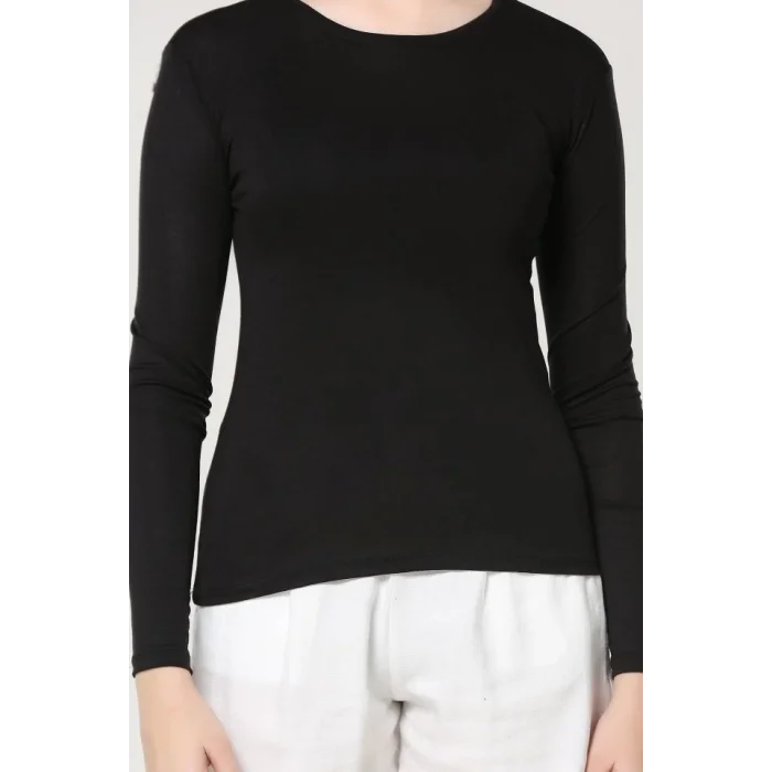 BUĞZ Rahat Ve Şık Uzun Kollu Bisiklet Yaka Likralı Viskon Penye Body Siyah ( BUĞZ )