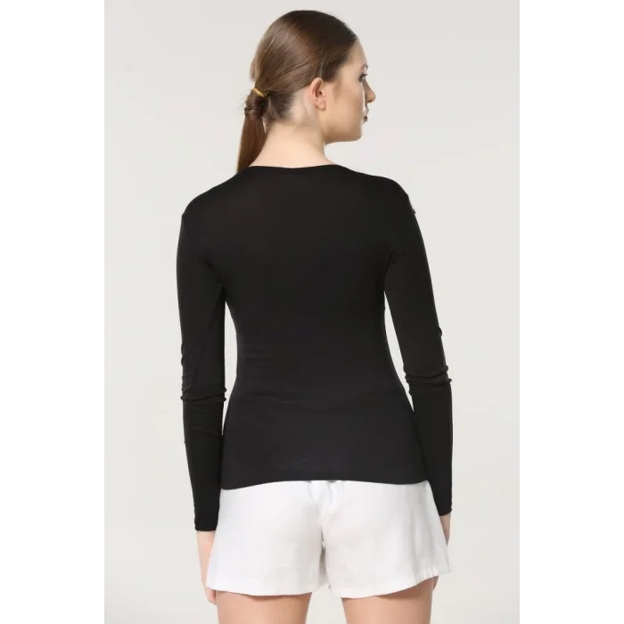 BUĞZ Rahat Ve Şık Uzun Kollu Bisiklet Yaka Likralı Viskon Penye Body Siyah ( BUĞZ )