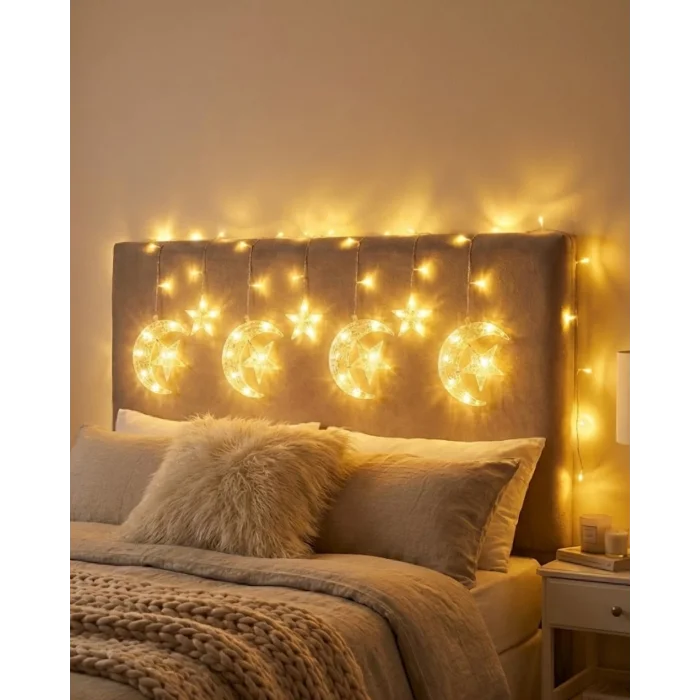 BUĞZ Ramazan İçin Hilal Yıldız Işık Zinciri Yanıp Sönen ve Sabit Modlu