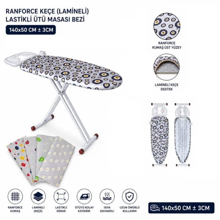 BUĞZ Ranforce Keçe Ütü Masası Bezi - Lastikli - Lamineli - 140x50 cm