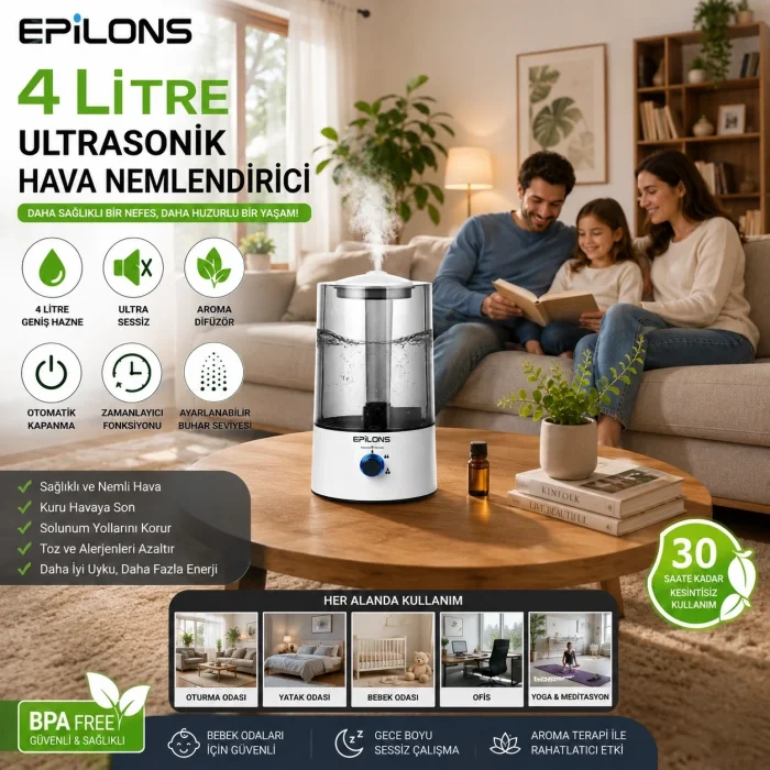 BUĞZ RBH-04 Ultrasonik Hava Nemlendirici 4 Litre Buhar Makinesi Aroma Difüzörü - Otomatik Kapanma