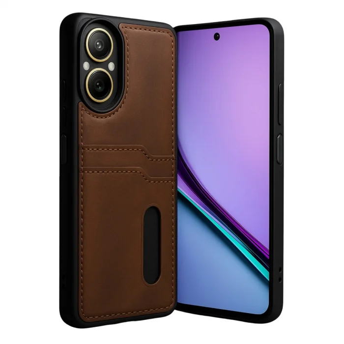BUĞZ Realme 12 Lite Kılıf Sara Kartvizitli Deri Kılıf - Taba