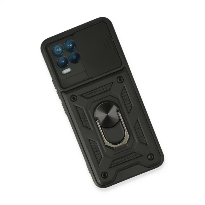 BUĞZ Realme 8 Kılıf Pars Lens Yüzüklü Silikon - Siyah
