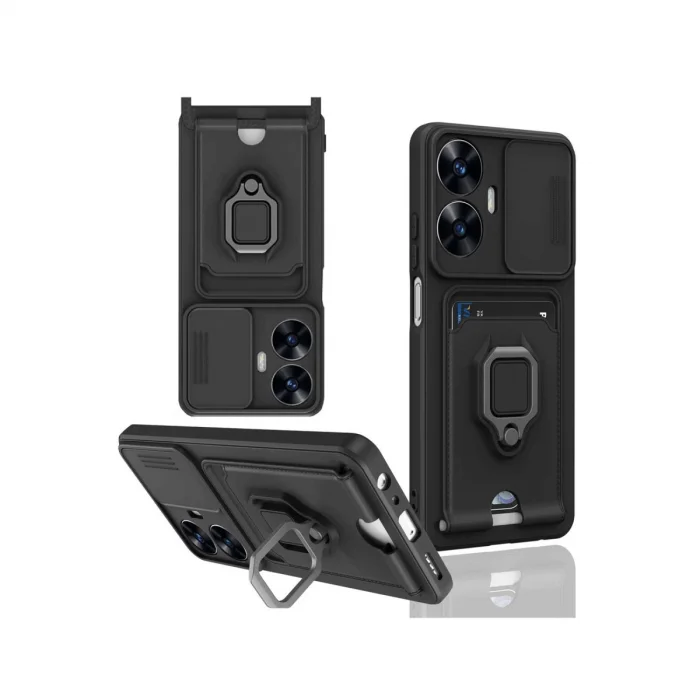 BUĞZ Realme C55 Kılıf Zuma Kartvizitli Yüzüklü Silikon - Siyah