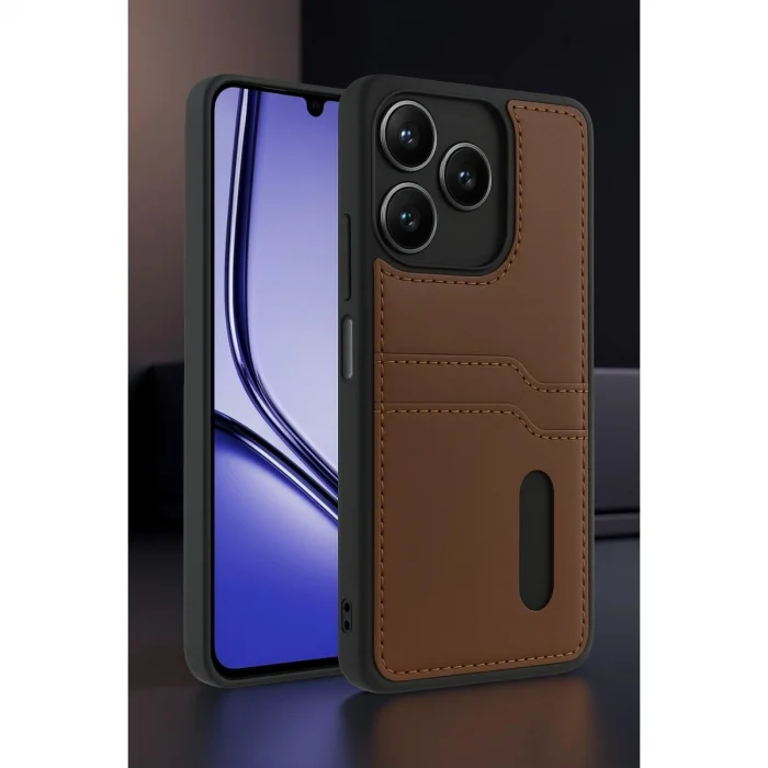 BUĞZ Realme Note 50 4g Kılıf Sara Kartvizitli Deri Kılıf - Taba