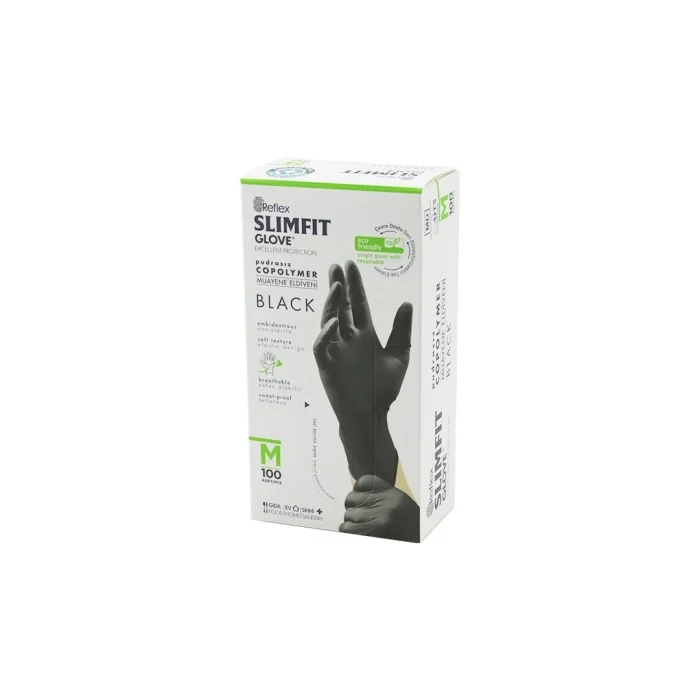 BUĞZ Reflex Slimfit Glove Kod-032 M Siyah Pudrasız Muayene Eldiven 100lü Bx40
