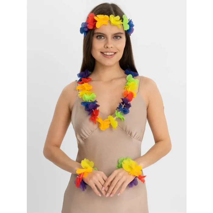 BUĞZ Rengarenk Hawaii Kolye Taç Bileklik Seti 4 Parça