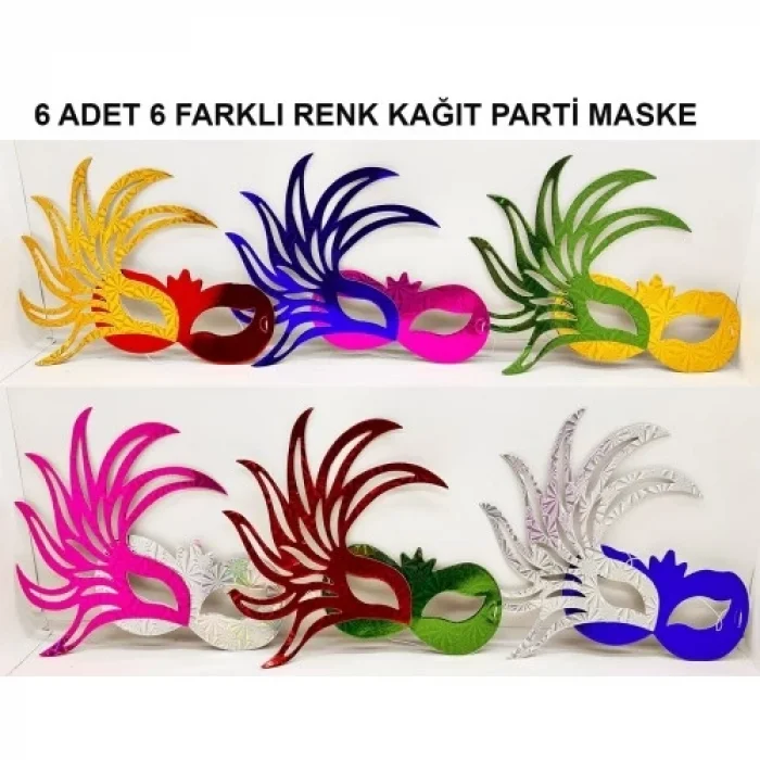  Rengarenk Kağıt Parti Balo Maskesi 6 Adet