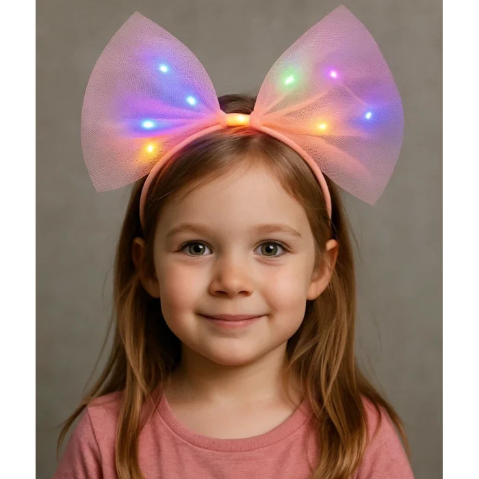  Rengarenk Led Işıklı Fiyonk Şekilli Tül Parti Tacı Pembe Renk 25x25 cm