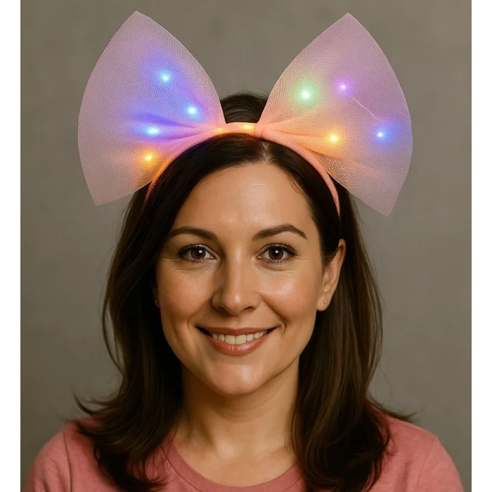 BUĞZ Rengarenk Led Işıklı Fiyonk Şekilli Tül Parti Tacı Pembe Renk 25x25 cm