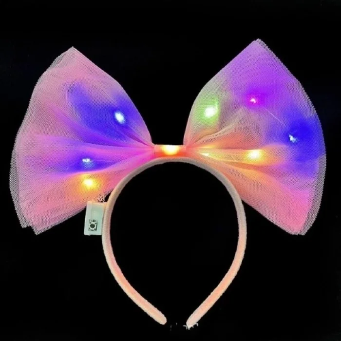  Rengarenk Led Işıklı Fiyonk Tül Parti Tacı Pembe