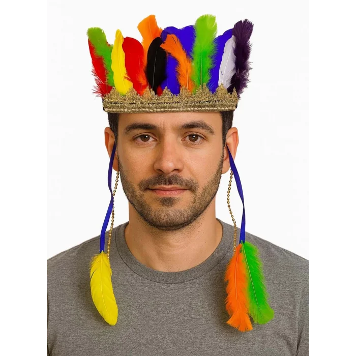  Rengarenk Tüylerle İşlenmiş Lastikli Kızılderili Başlığı