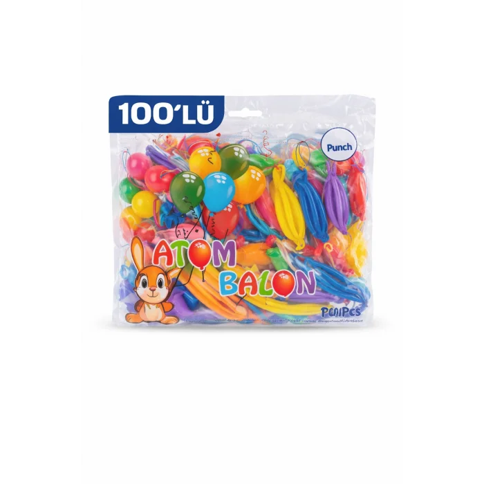 BUĞZ Renkli Atom Balon Punch Balon Lastik İpli Parti Balonu 100 ADET