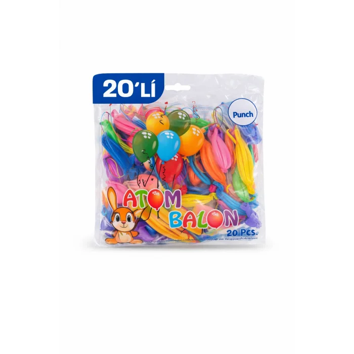 BUĞZ Renkli Atom Balon Punch Balon Lastik İpli Parti Balonu 20 ADET