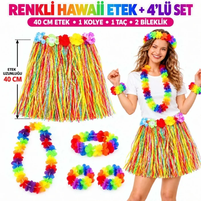 BUĞZ Renkli Hawaii Etek 40 Cm Ve 4’lü Hawaii Seti