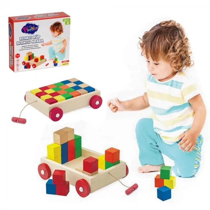  Renkli Küp Bloklu  Kutulu Ahşap  Çekçek Araba