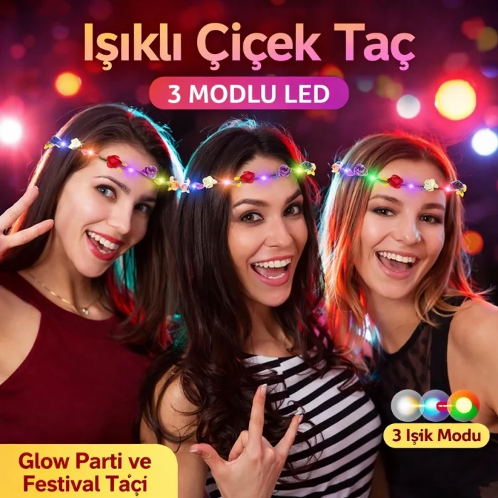 BUĞZ Renkli LED Çiçek Taç – 3 Işık Modlu