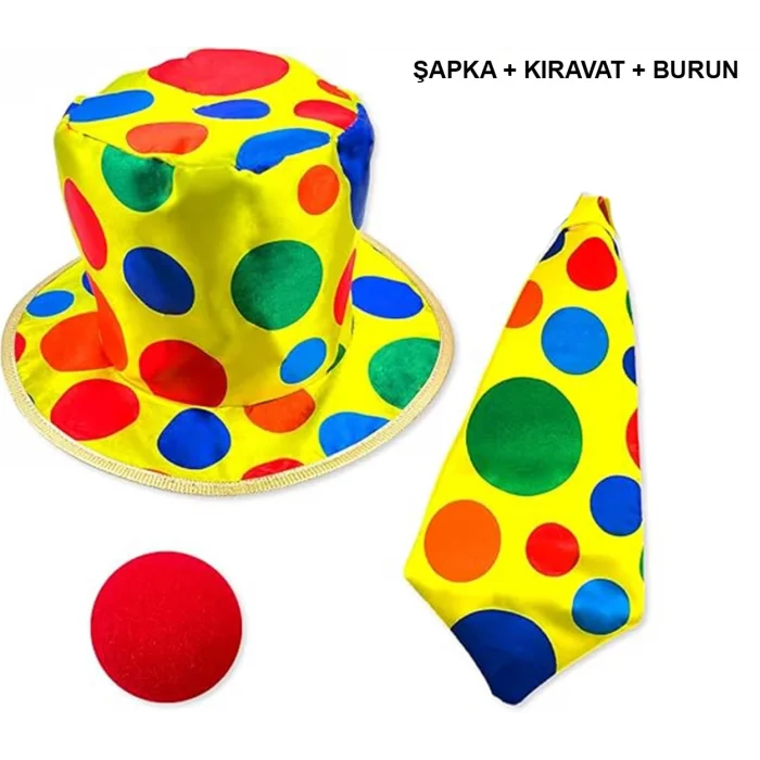 BUĞZ Renkli Palyaço Kostüm Seti – 3 Parça Aksesuar (şapka, Kravat, Burun)