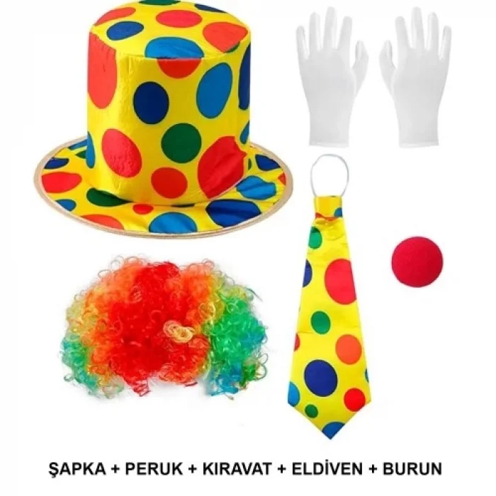  Renkli Palyaço Kostüm Seti – 5 Parça Aksesuar