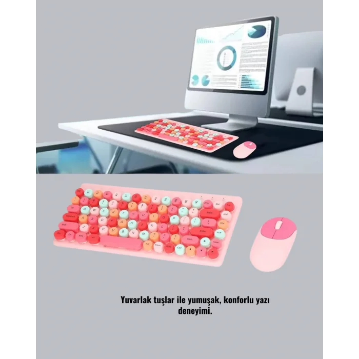 BUĞZ Renkli Retro Tuş Takımlı Klavye – 3 Cihaz Bağlantısı, Medya Kısayol Tuşları