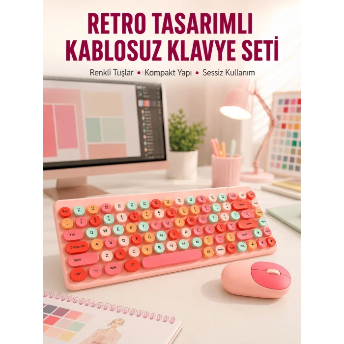 BUĞZ Renkli Retro Tuş Takımlı Klavye – 3 Cihaz Bağlantısı, Medya Kısayol Tuşları Yeni Nesil