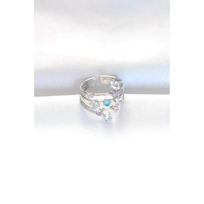 BUĞZ Renkli Zirkon Taşlı Silver Renk Ayarlanabilir Yüzük