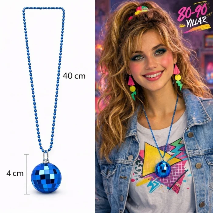 BUĞZ Retro Disko Topu Şekilli 80'ler 90'lar Mavi Renk Plastik Kolye