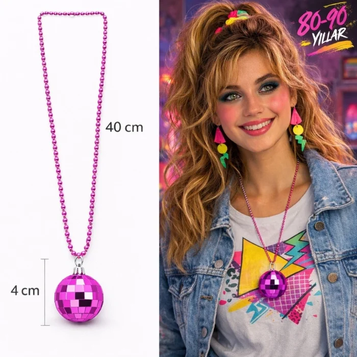 BUĞZ Retro Disko Topu Şekilli 8039ler 9039lar Fuşya Pembe Renk Plastik Kolye
