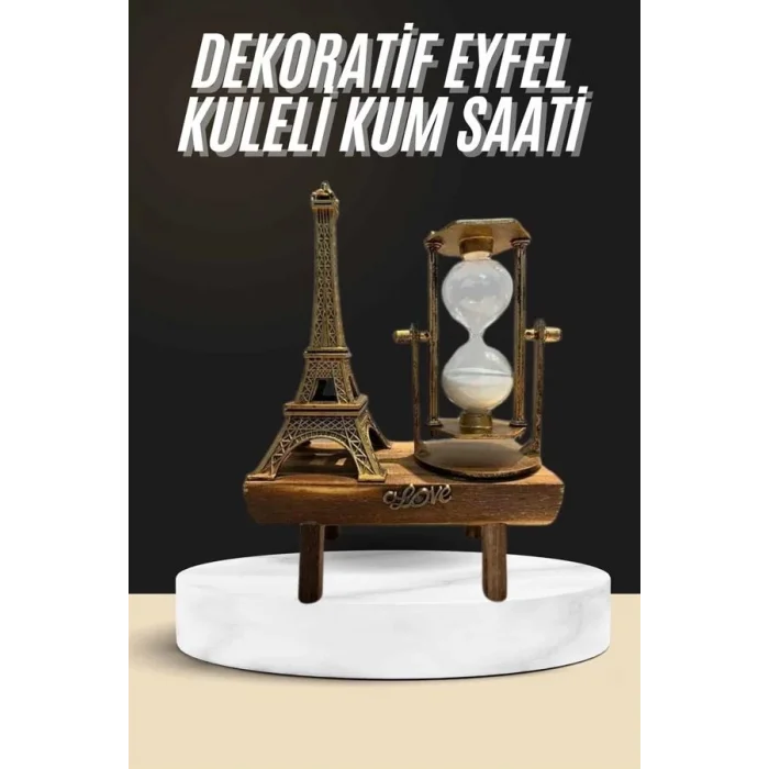 BUĞZ Retro Eyfel Kulesi Ve Kum Saati Dekoratif Ahşap Görünümlü Masa Biblosu