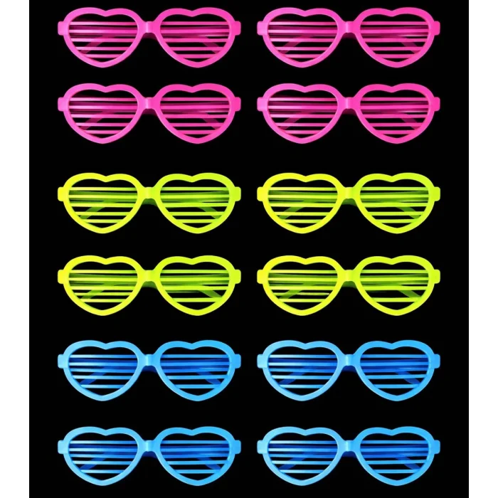 BUĞZ Retro Neon Fosforlu Kalp Panjur Gözlük - 12 Adet