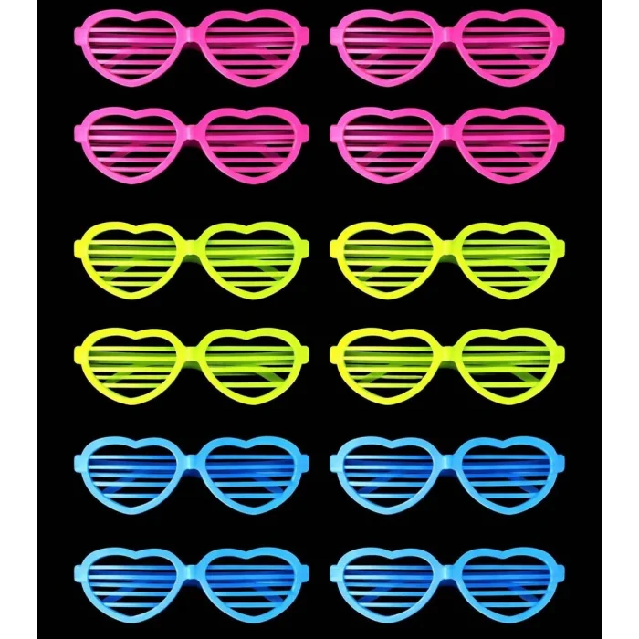 BUĞZ Retro Neon Fosforlu Kalp Panjur Gözlük 12 Adet – 80’ler 90’lar Parti Stili